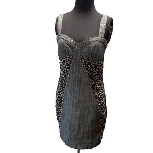 Zio Denim Leopard Dress w Studs, Junior Sz Large, Y2K Bodycon Mixed Media NEW